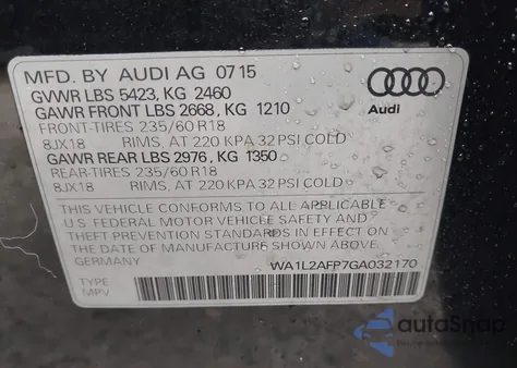 2016 Audi Q5 2.0T Premium z USA, uszkodzony, nr VIN WA1L2AFP7GA032170